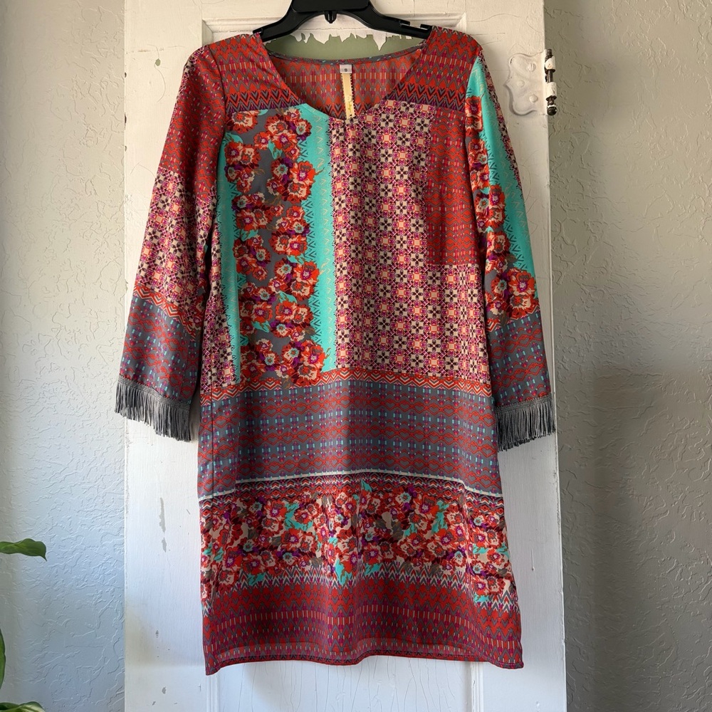 Uncle Frank Boho Mixed Print Shift Dress Small‎ Fringe Cold Shoulder Floral